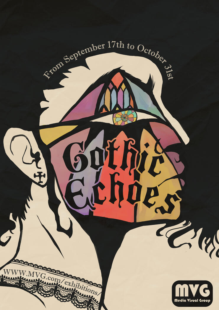 Gothic Echoes, a poster for a fictional art exhibition based on Gothic art through history.